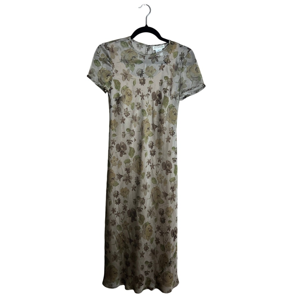 Ann‎ Taylor Petites Vintage 90s Floral Sheer Mesh Midi Dress Green Tan 4P